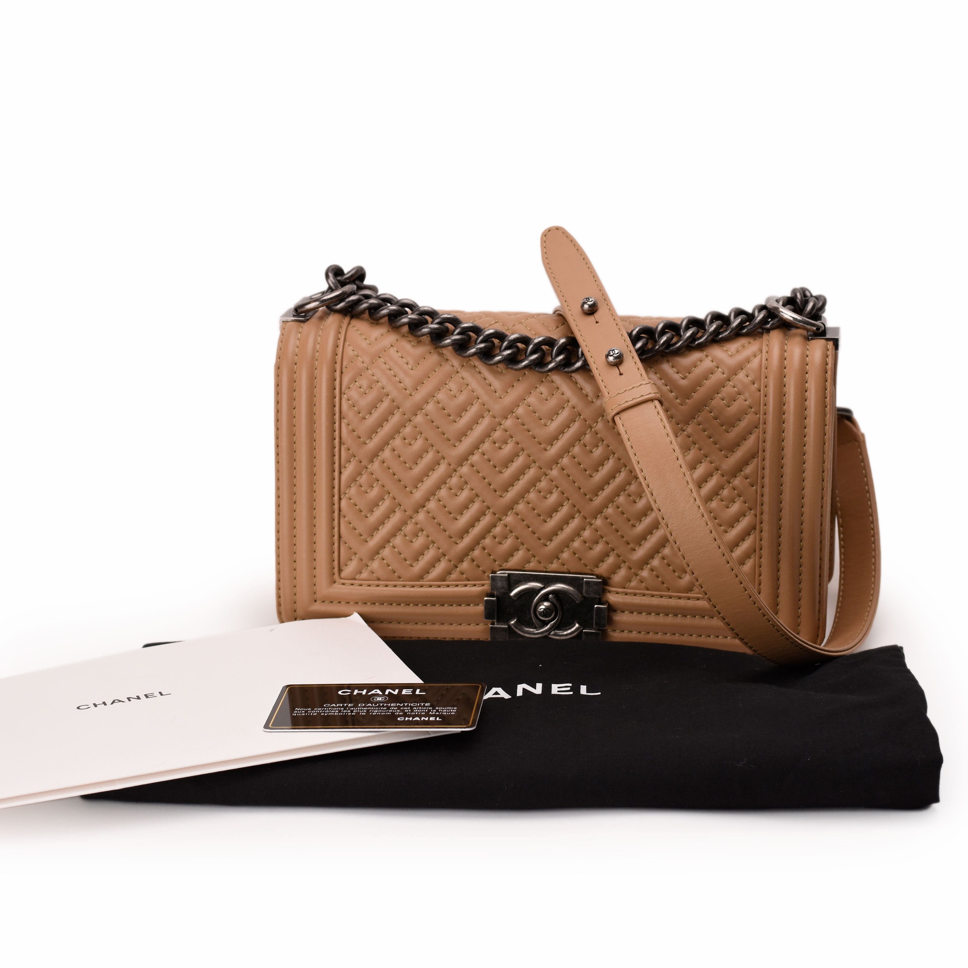 Chanel Boy Medium Beige Quilted Pattern RHW