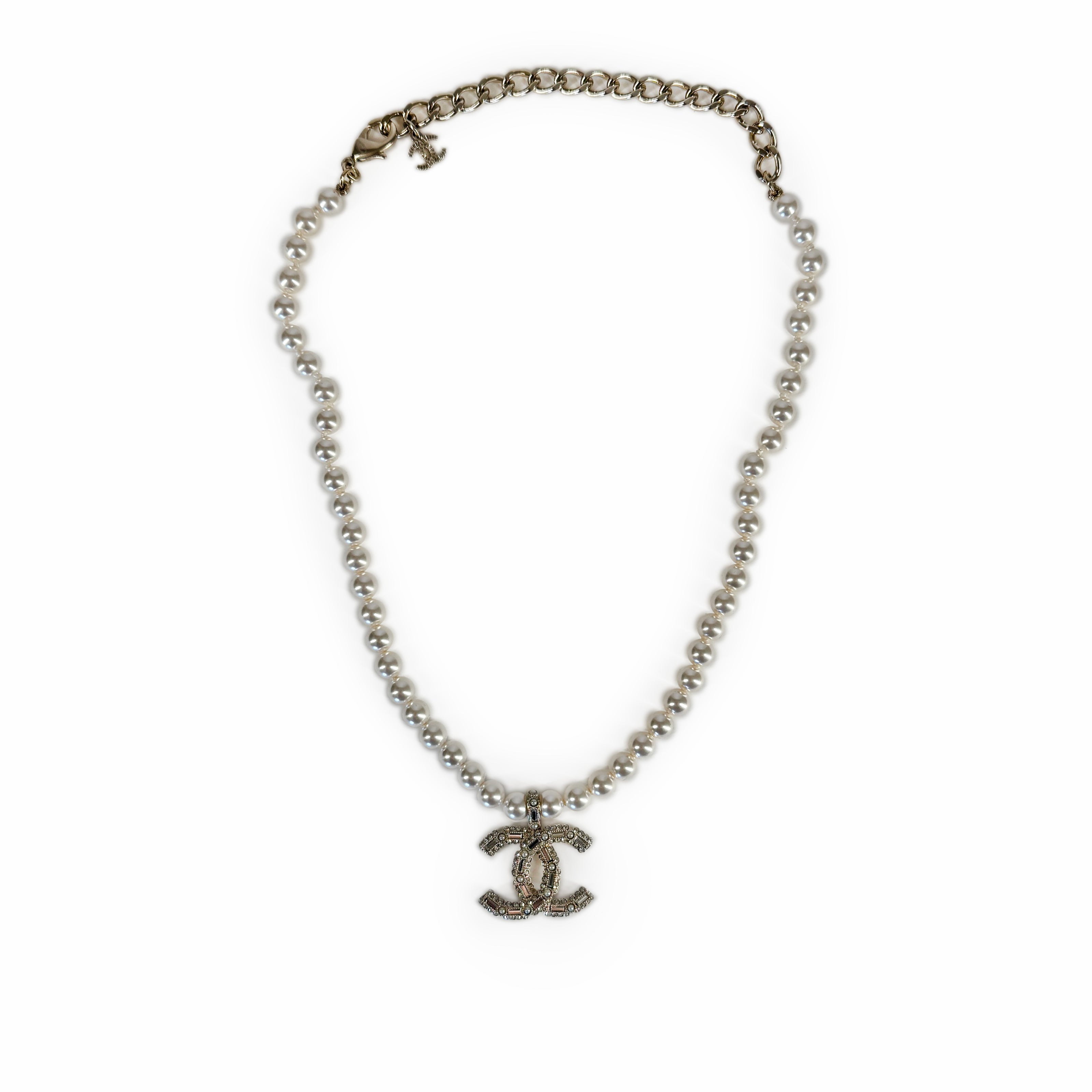 Chanel CC Crystal Pearl Necklace Champagne