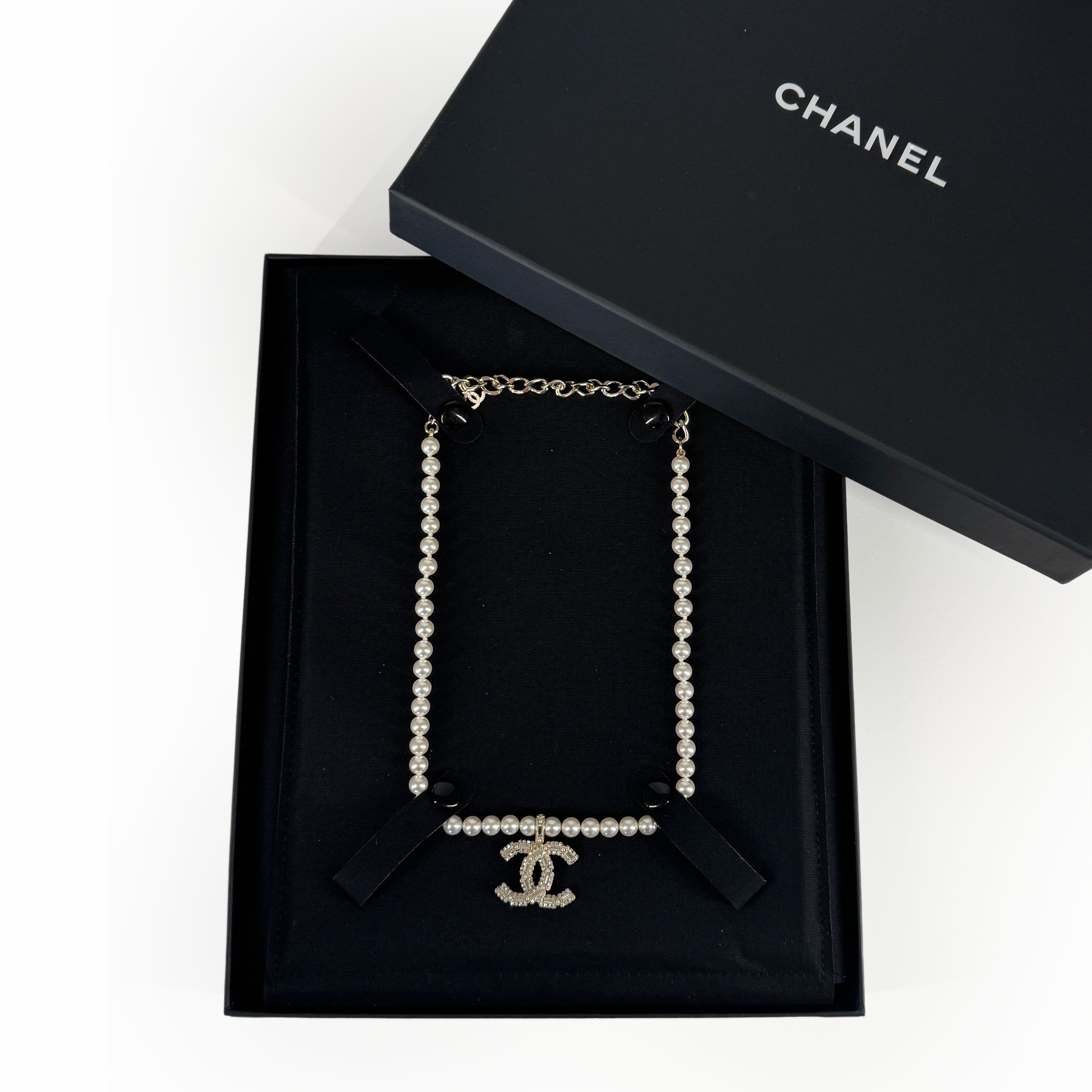 Chanel CC Crystal Pearl Necklace Champagne