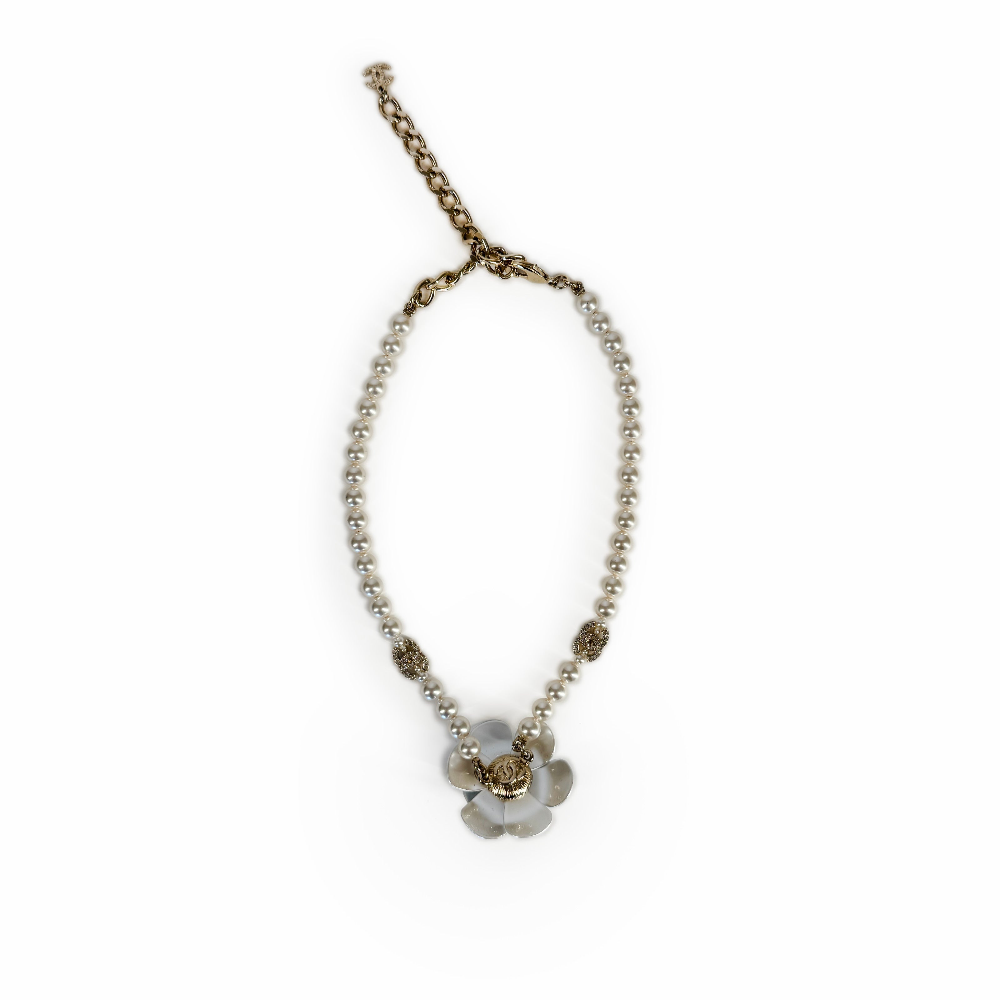 Chanel Camelia Pearl Necklace Champagne
