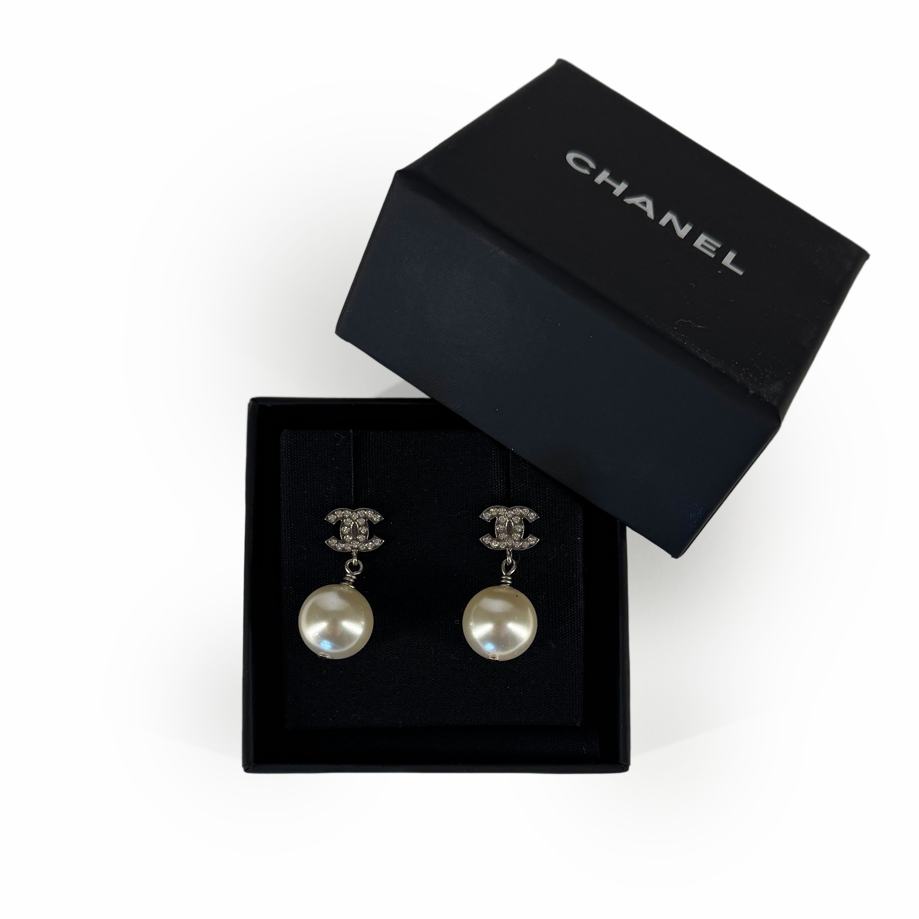 Chanel Pearl Drop CC Silver Earrings Small