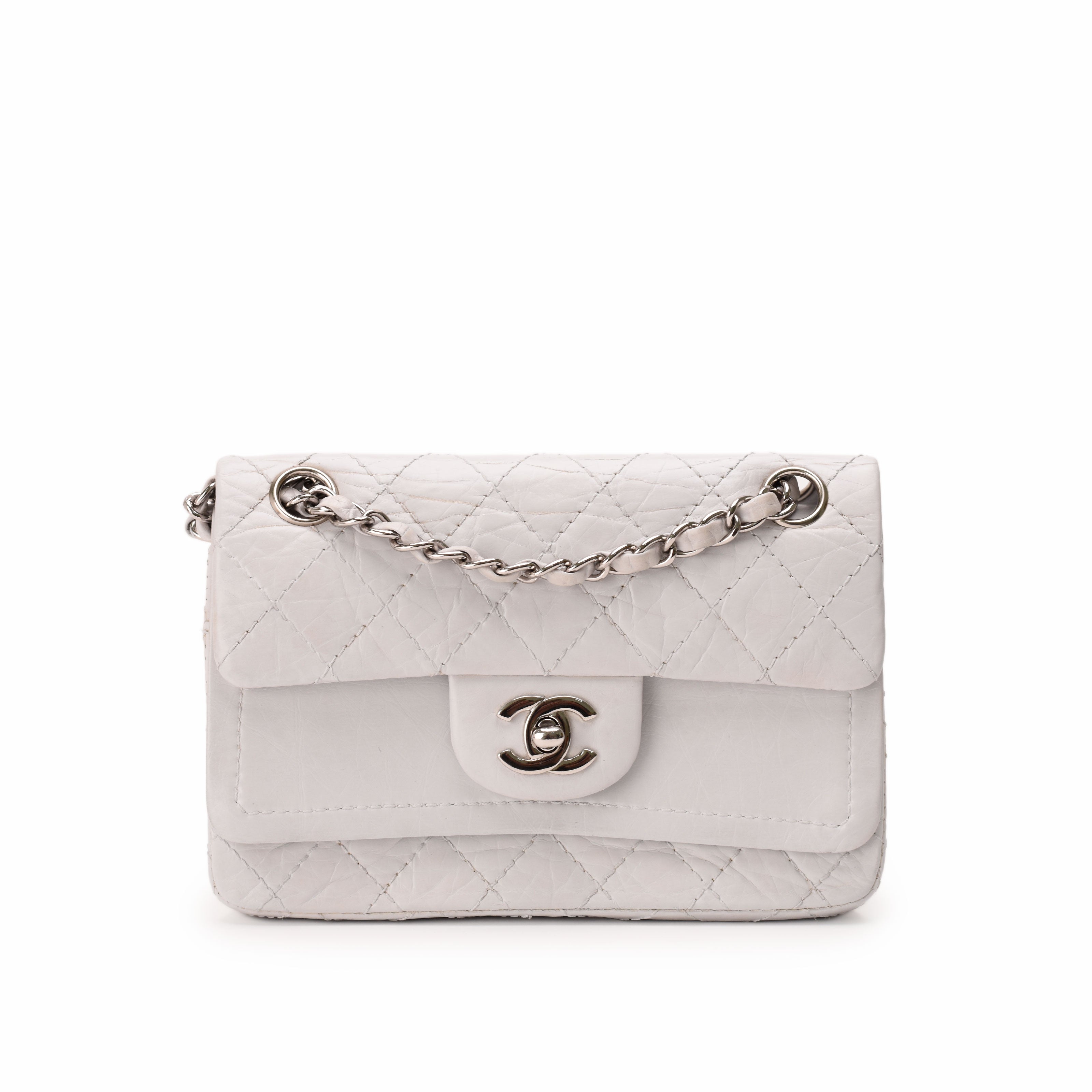 Chanel Vintage Mini Double Flap Quilted Aged Calfskin White SHW