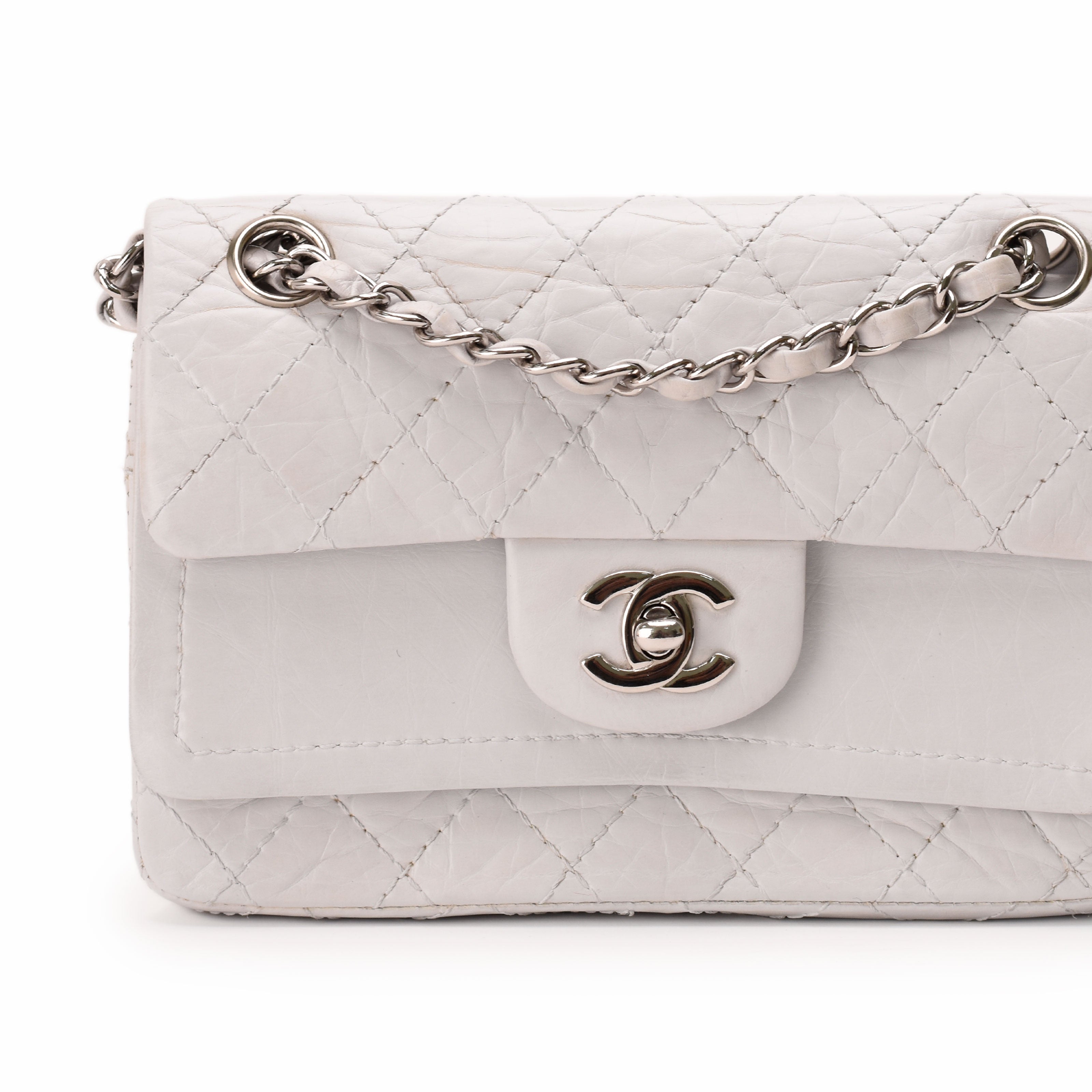Chanel Vintage Mini Double Flap Quilted Aged Calfskin White SHW