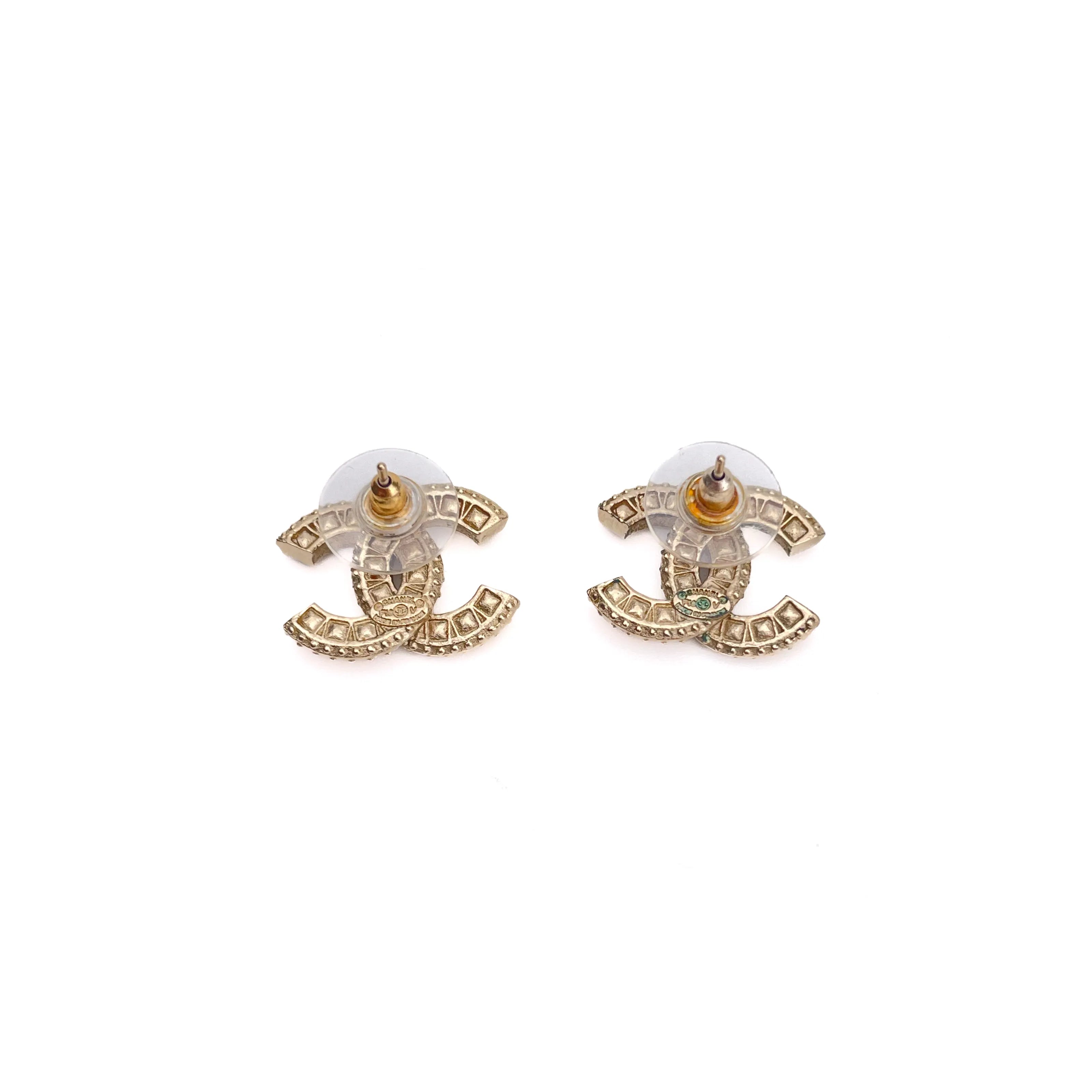 Chanel Gold-Tone Crystal CC Stud Earrings