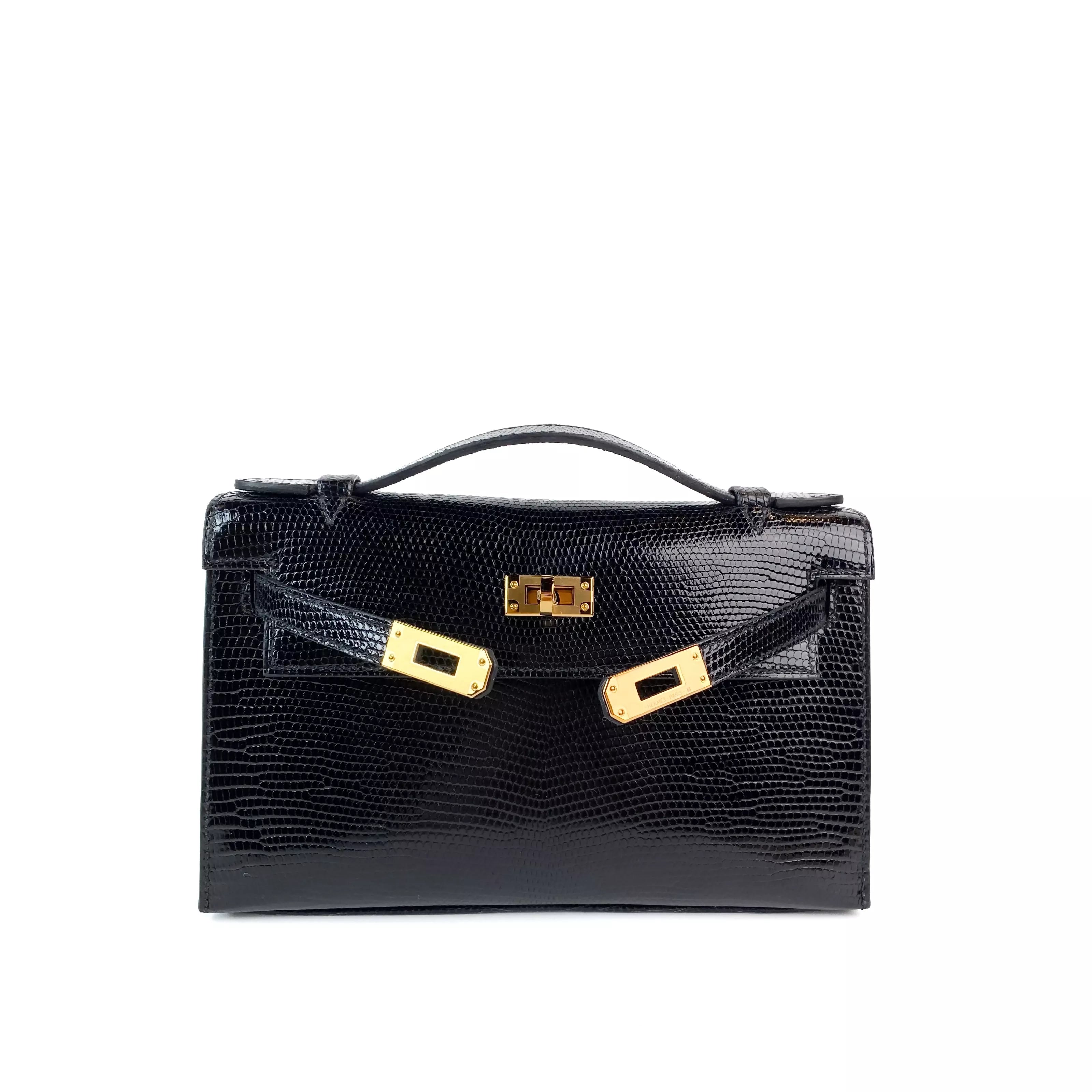 Hermes Mini Kelly Pochette In Black Shiny Lizard Gold Hardware Detail 2