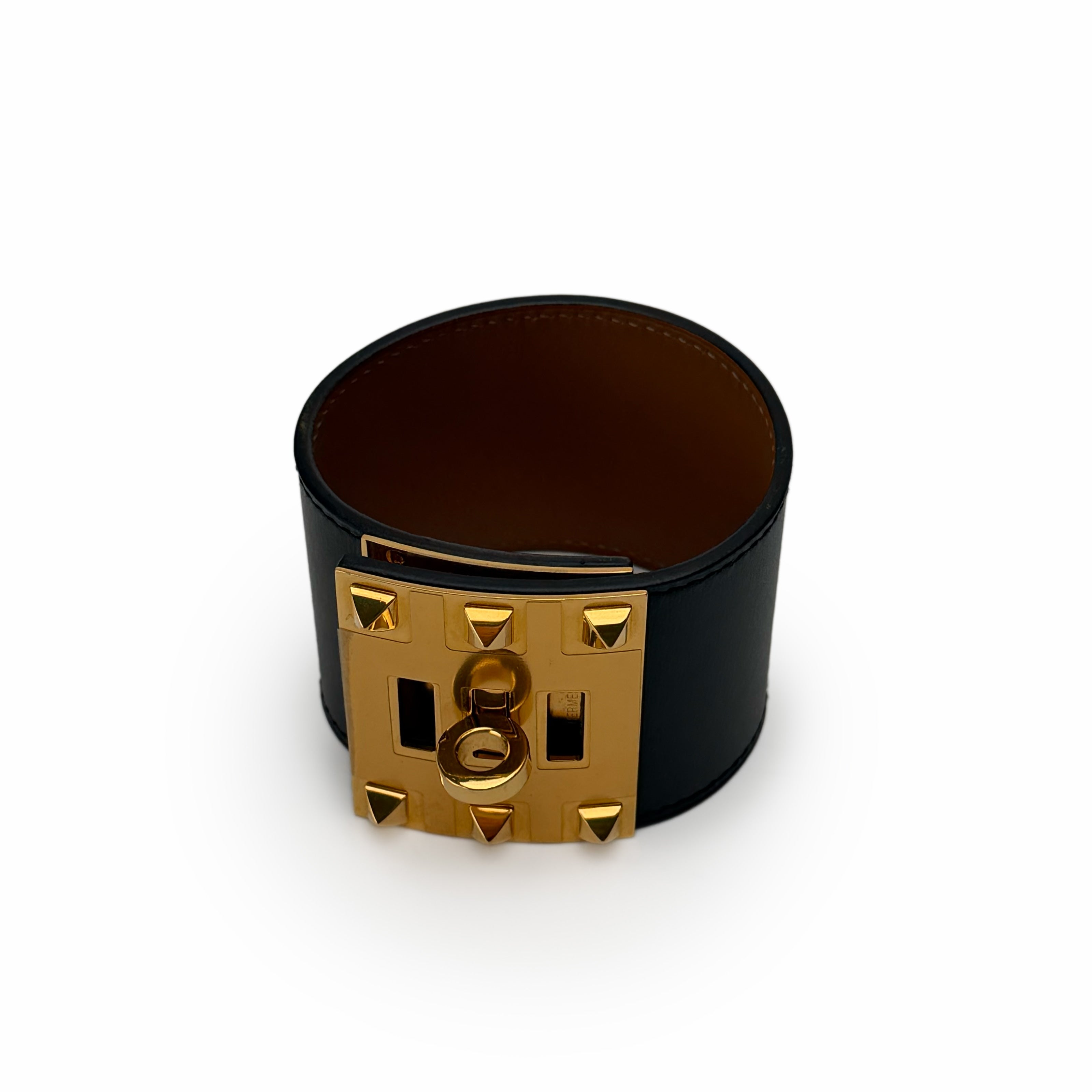 Hermès Kelly Dog Black Leather Gold Plated Wide Bracelet