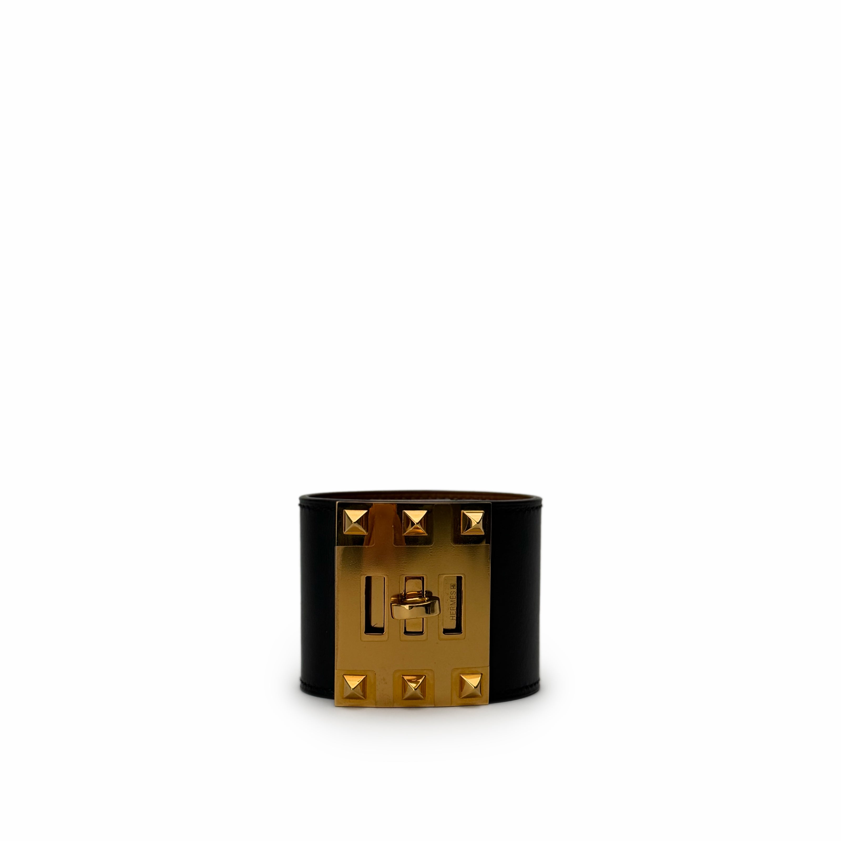 Hermès Kelly Dog Black Leather Gold Plated Wide Bracelet