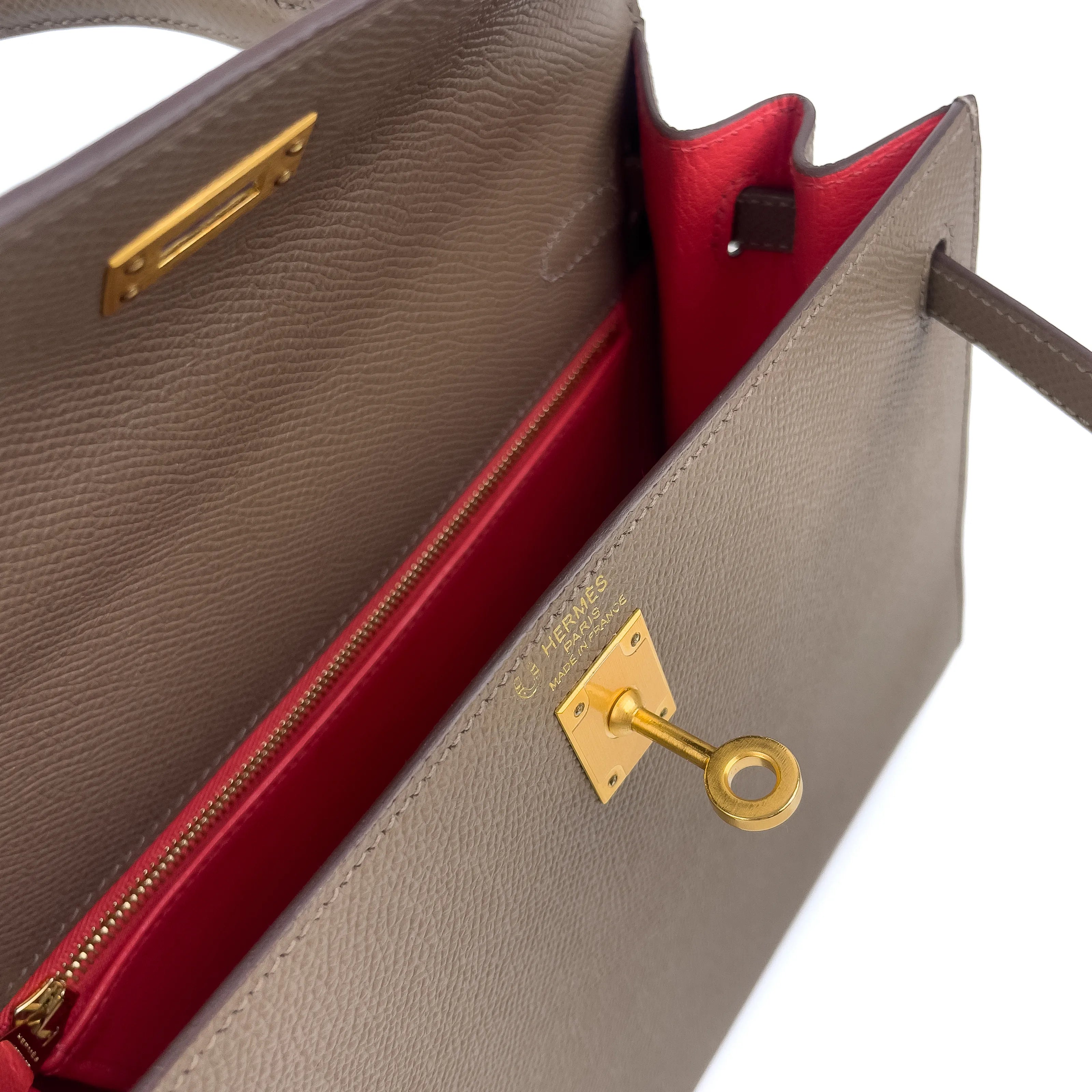Hermès Kelly 25 Sellier Etoupe & Rouge H Bi-Colour with Brushed Gold Hardware