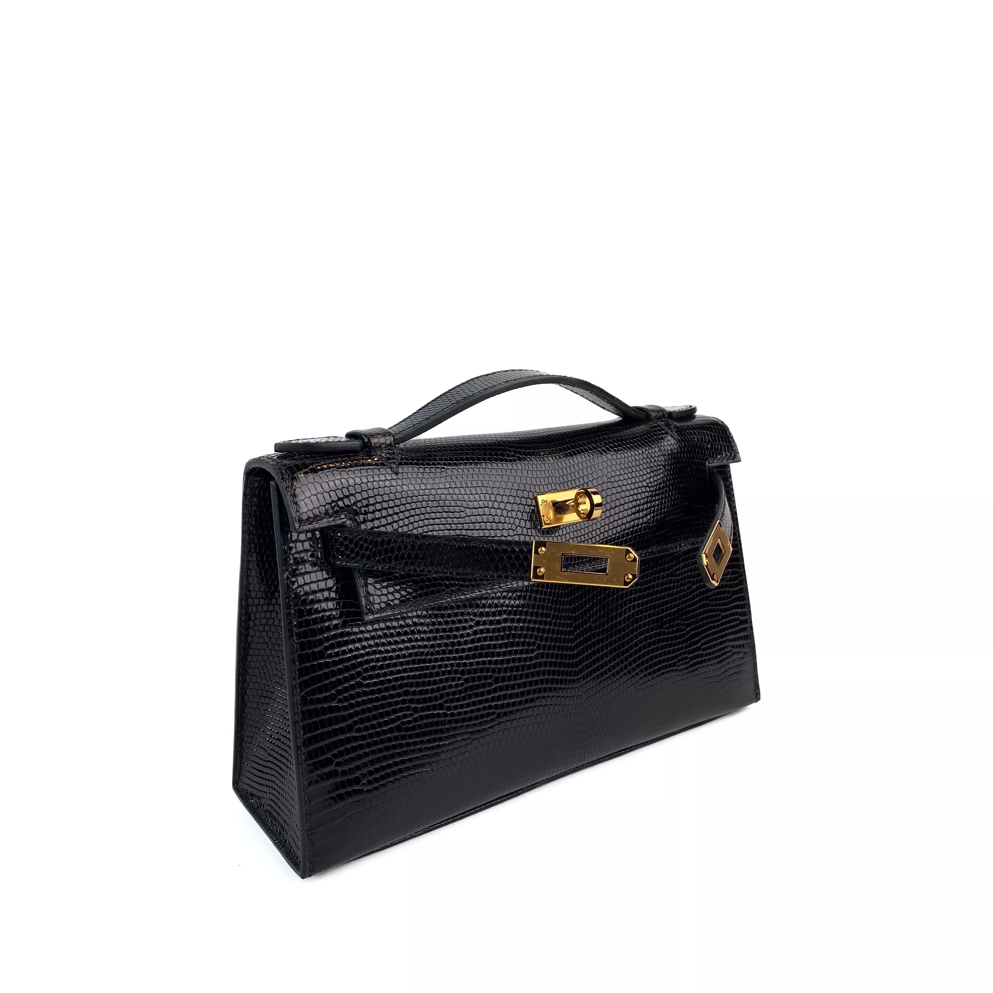 Hermes Mini Kelly Pochette In Black Shiny Lizard Gold Hardware Detail