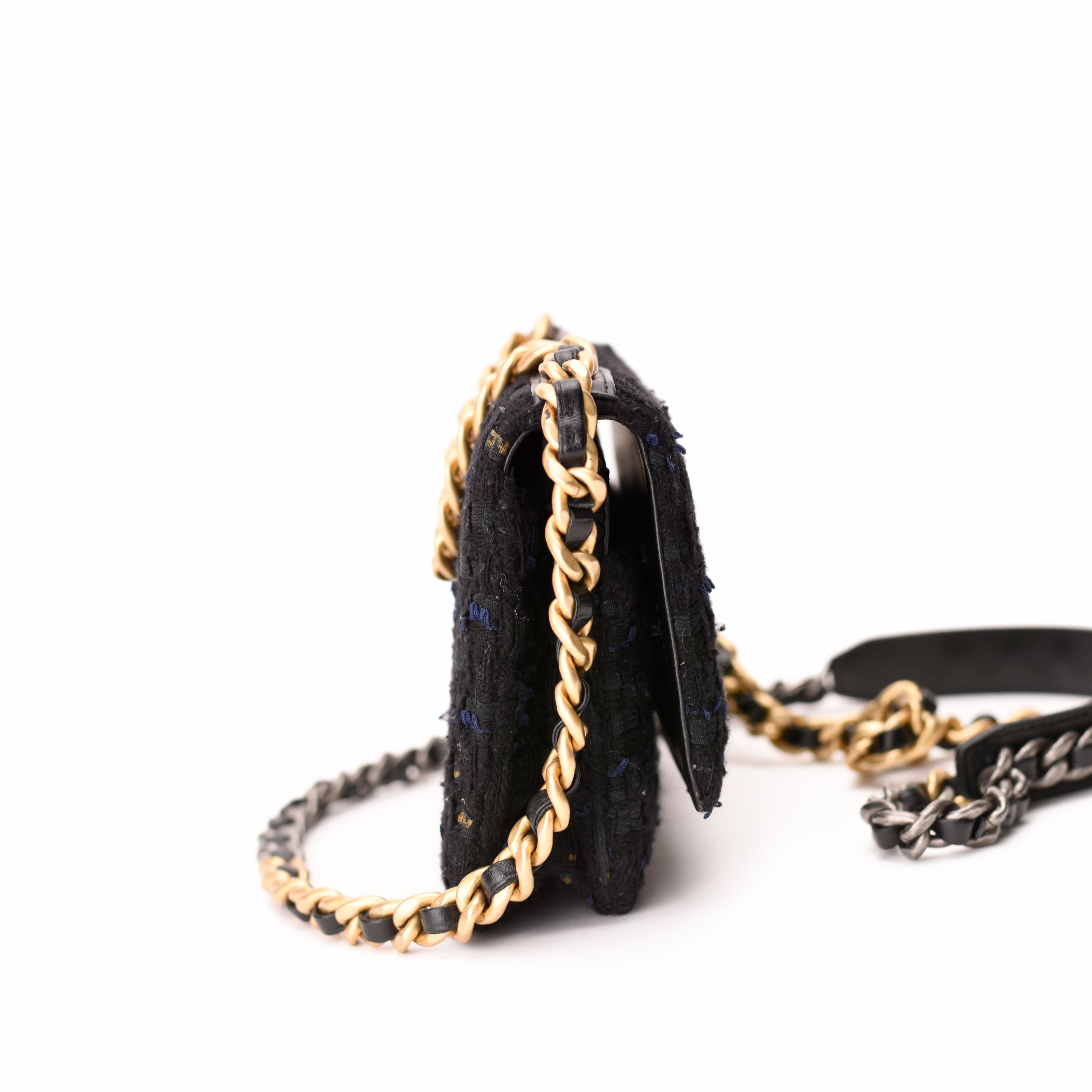 Chanel Tweed Quilted 19 WOC Black Navy Gold