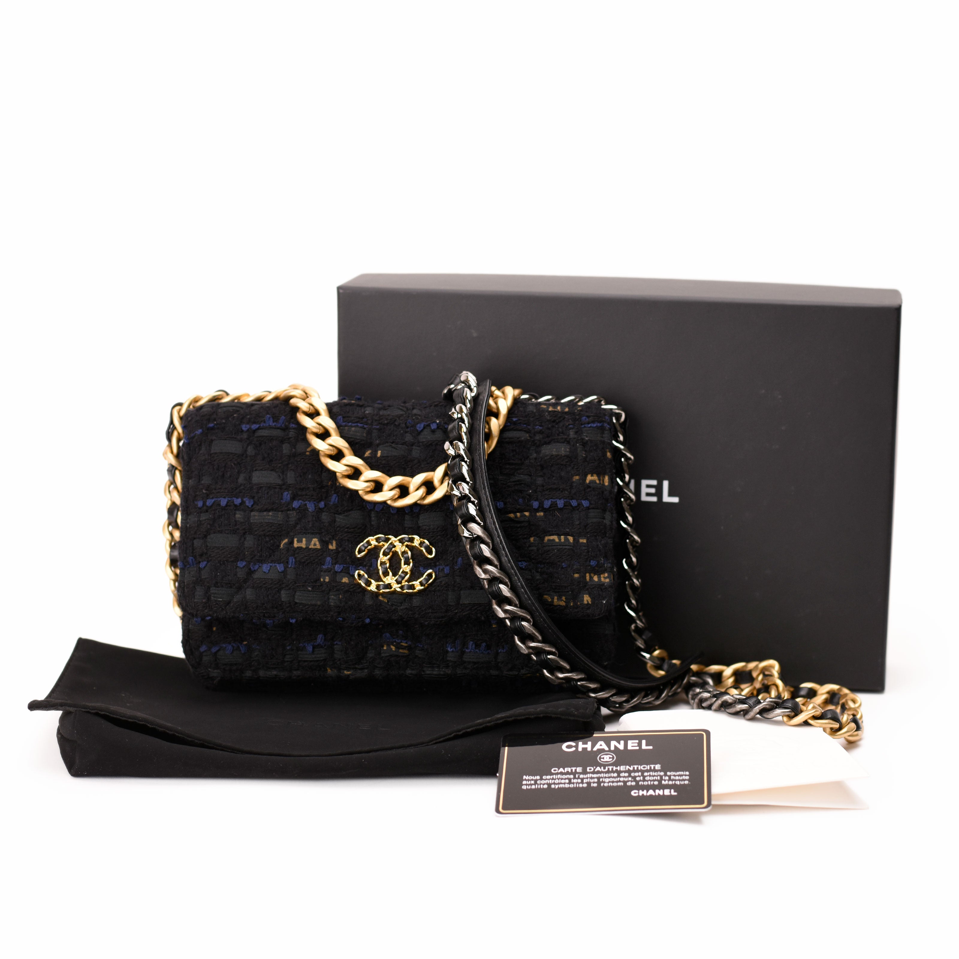 Chanel Tweed Quilted 19 WOC Black Navy Gold