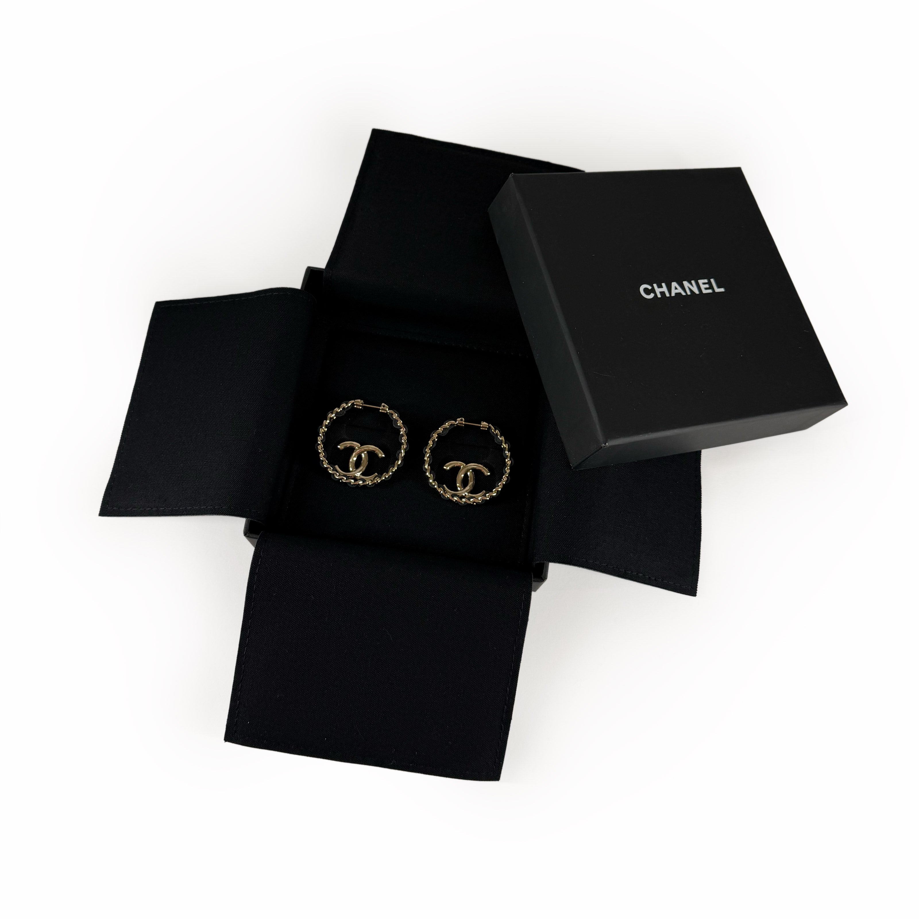 Chanel CC Hoop Leather Chain Champagne Earrings