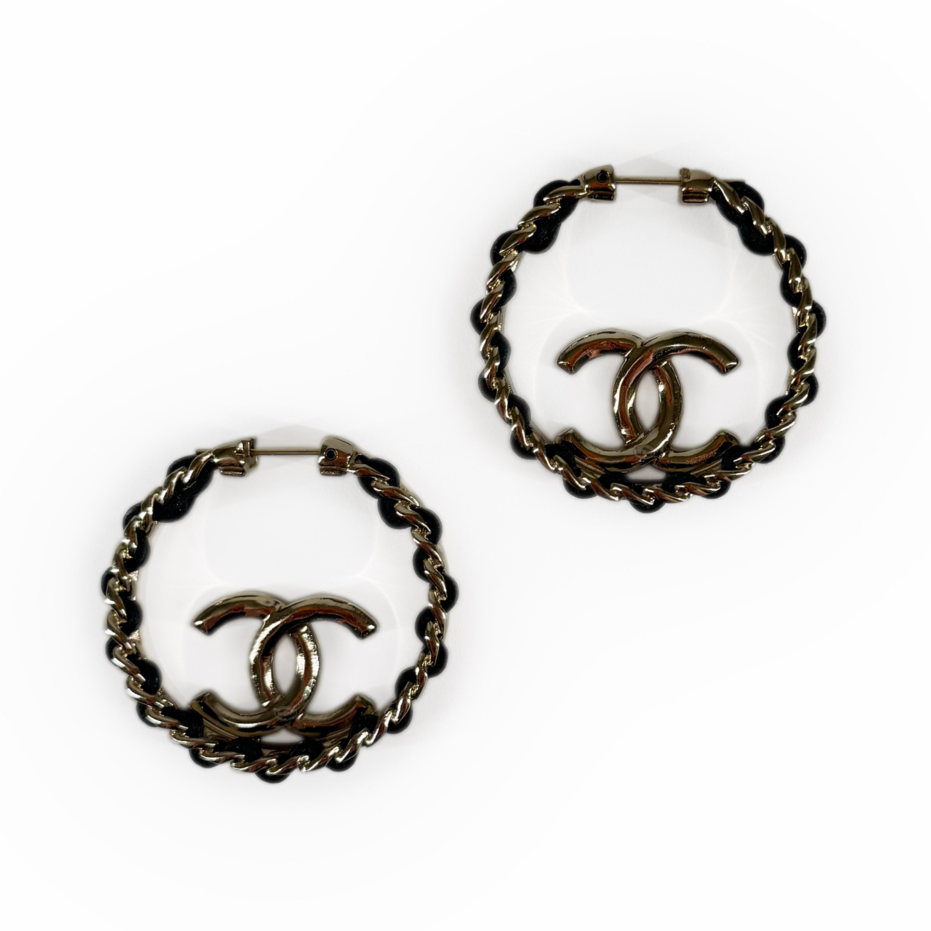 Chanel CC Hoop Leather Chain Champagne Earrings