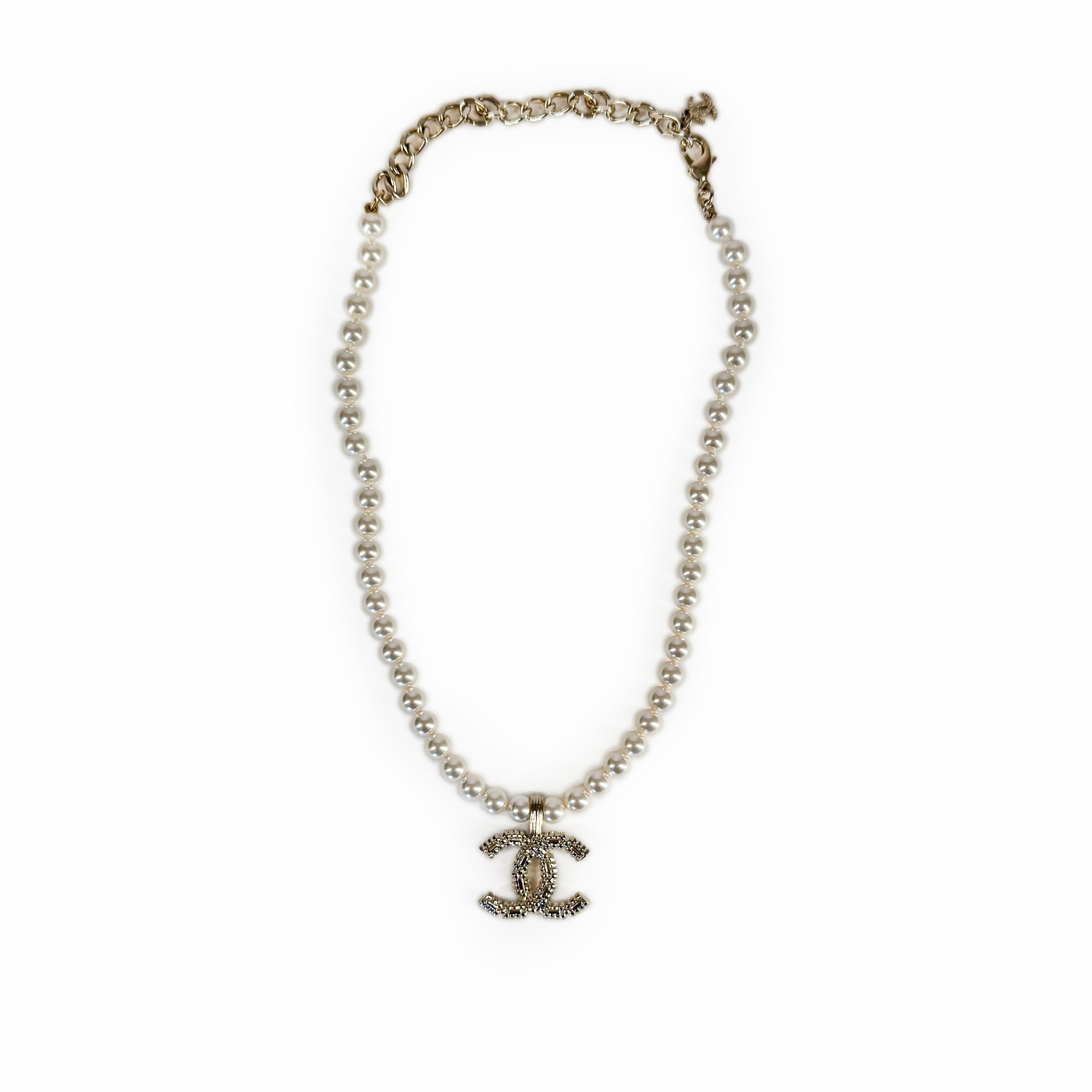 Chanel CC Crystal Pearl Necklace Champagne