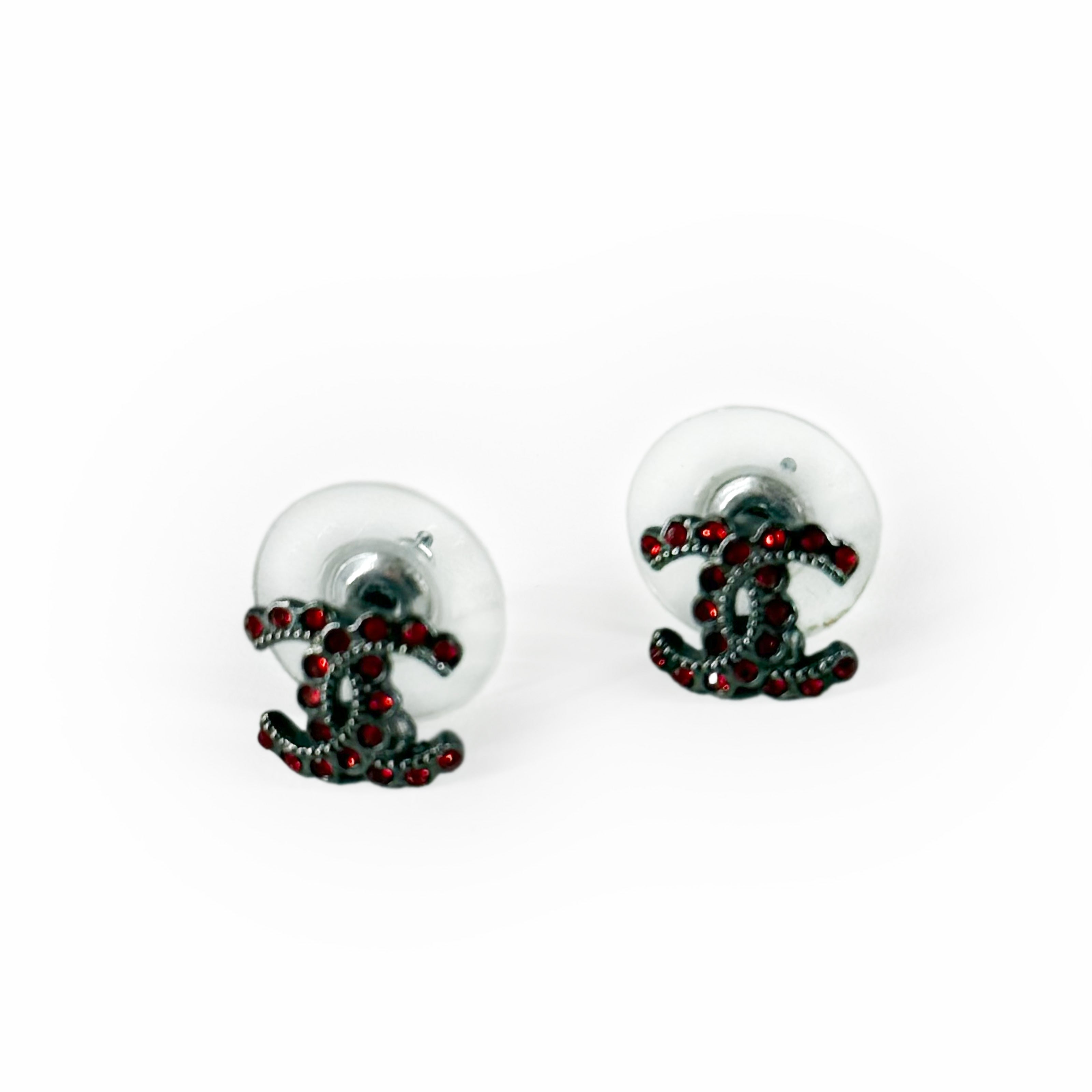 Chanel CC Mini Red Crystal Gun Metal Earrings