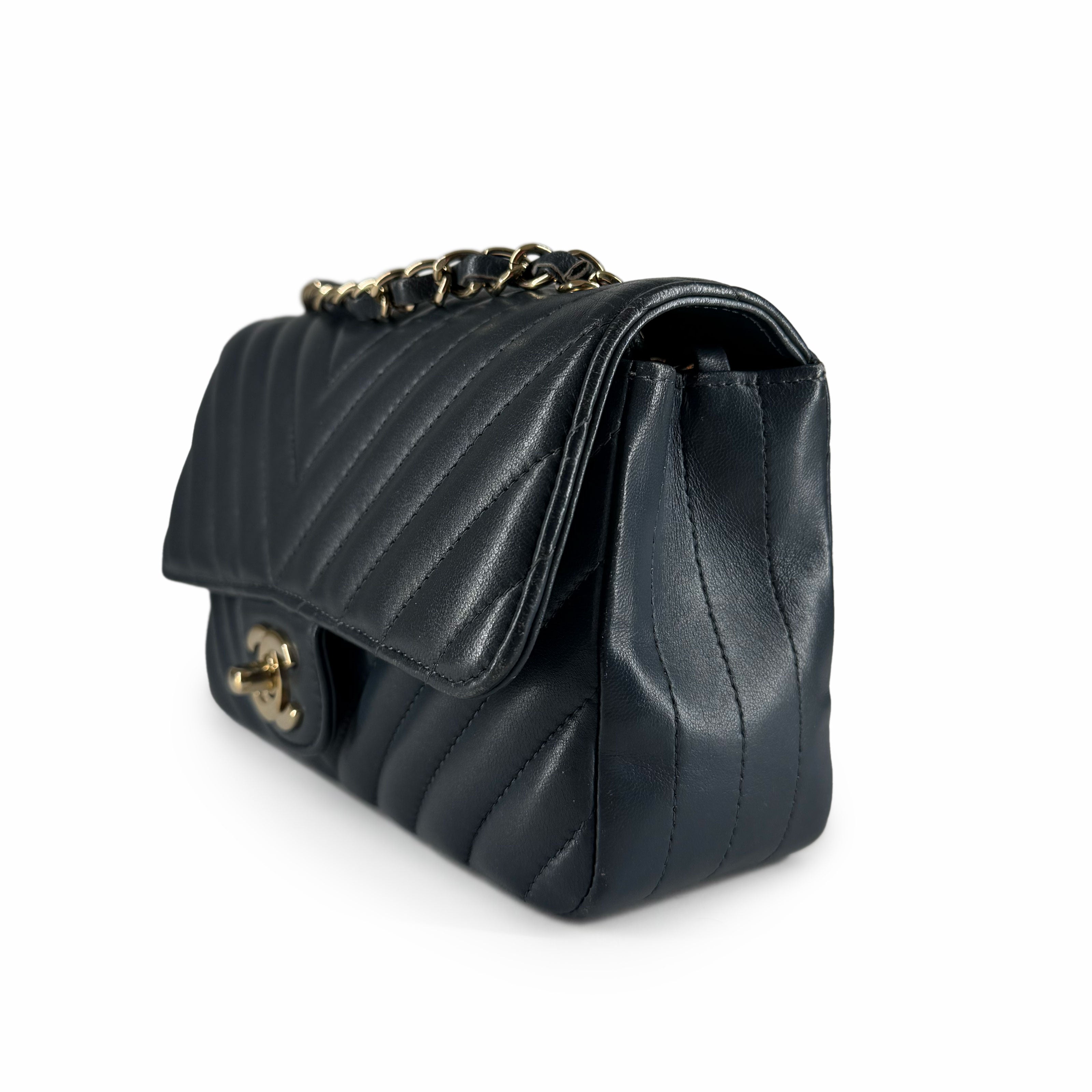 Chanel Mini Rectangular Flap Bag Dusty Blue Chevron CHW