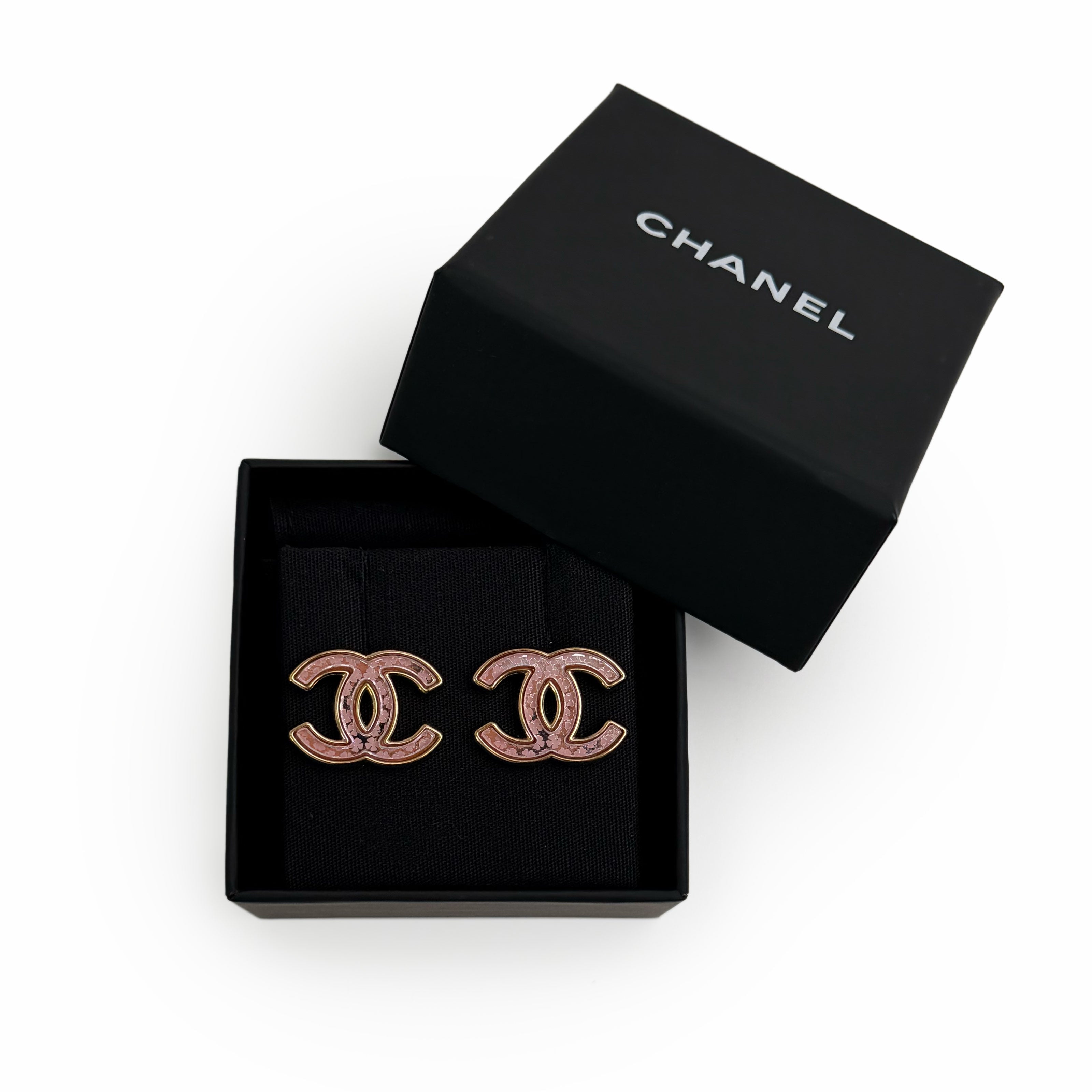 Chanel CC Metal Mirror Clover Earrings Gold Pink
