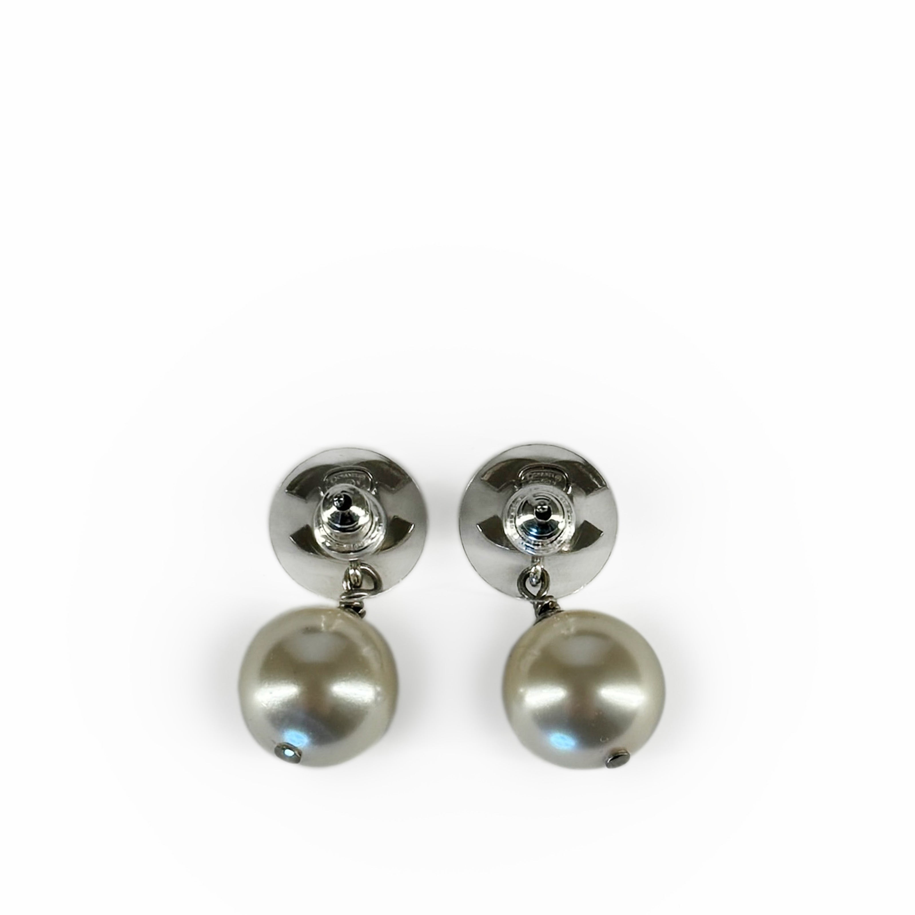 Chanel Pearl Drop CC Silver Earrings Small