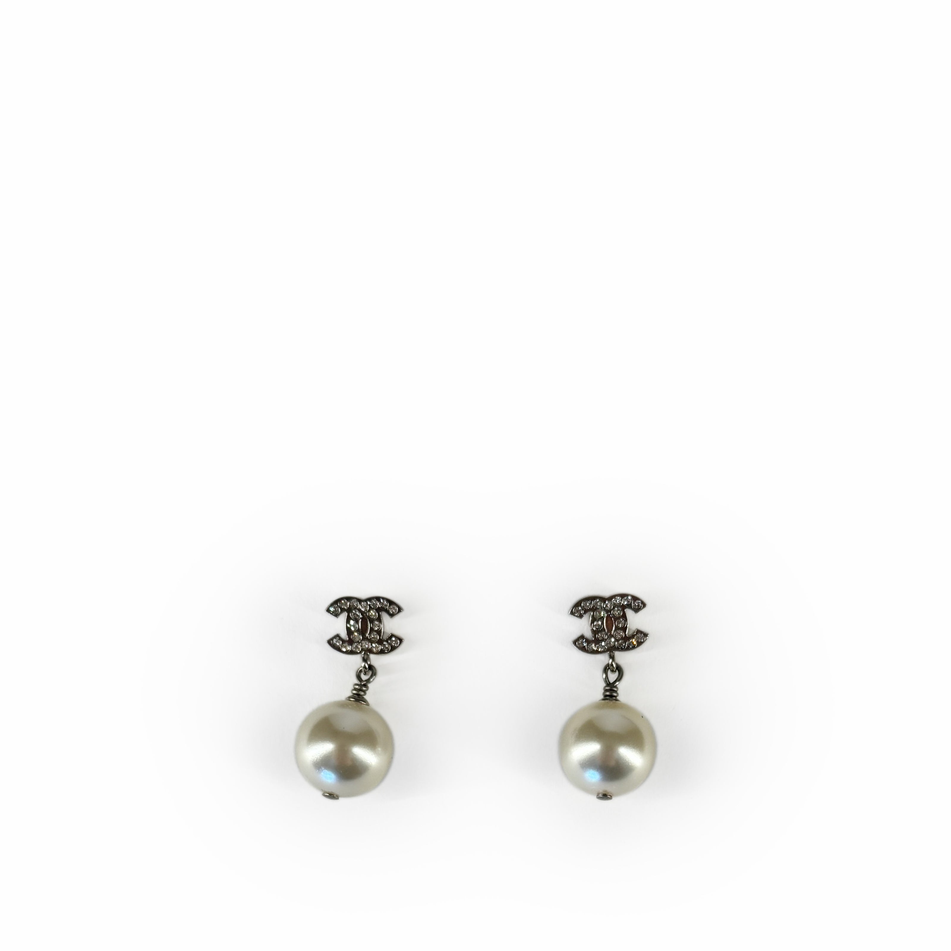 Chanel Pearl Drop CC Silver Earrings Small