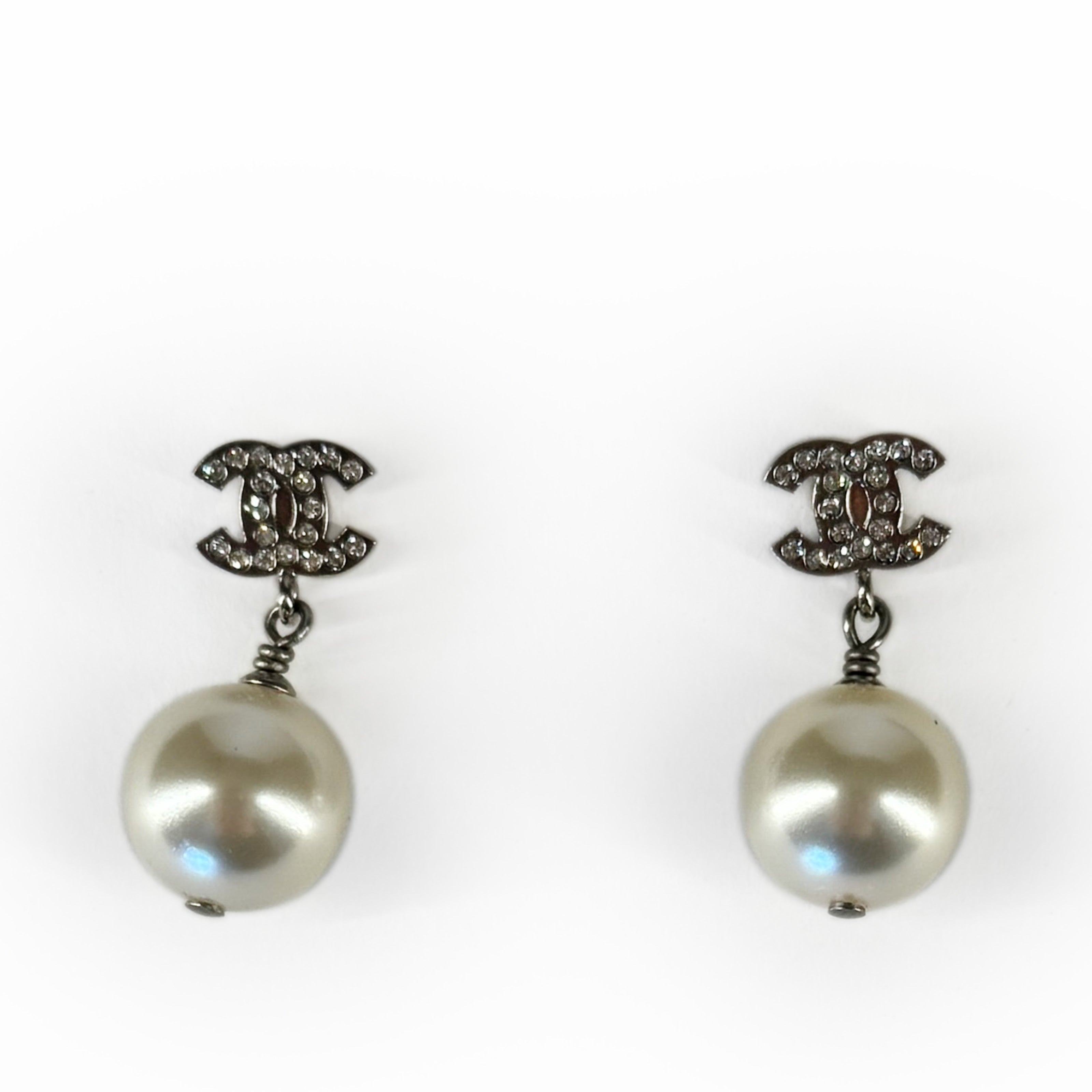 Chanel Pearl Drop CC Silver Earrings Small