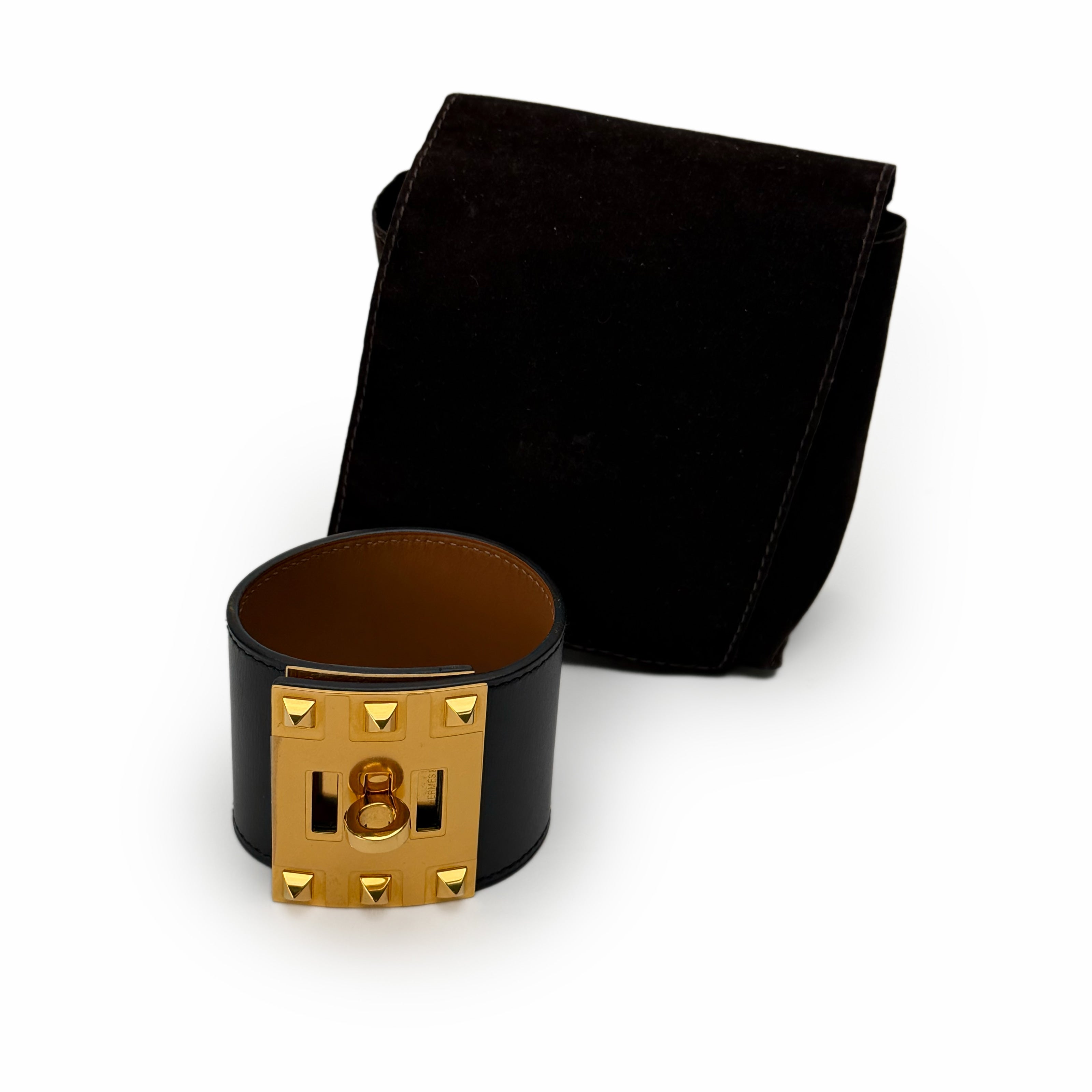 Hermès Kelly Dog Black Leather Gold Plated Wide Bracelet