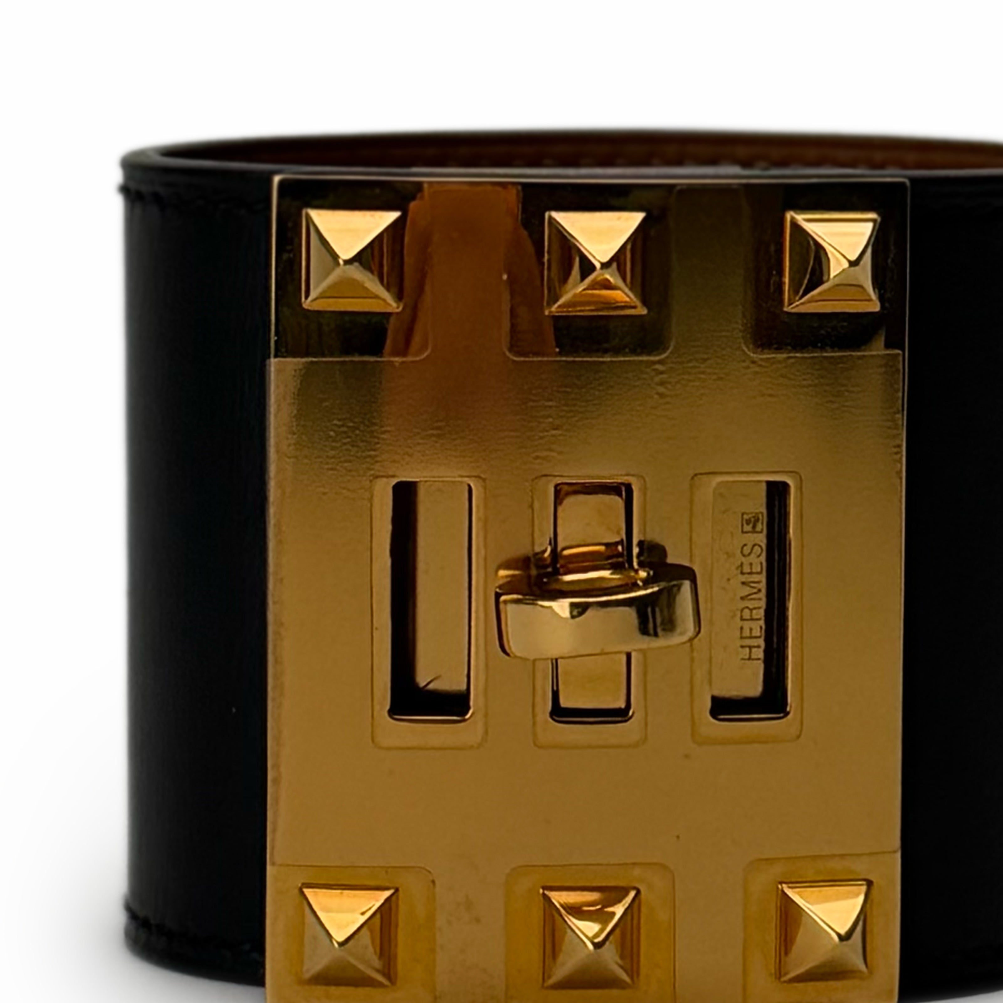 Hermès Kelly Dog Black Leather Gold Plated Wide Bracelet