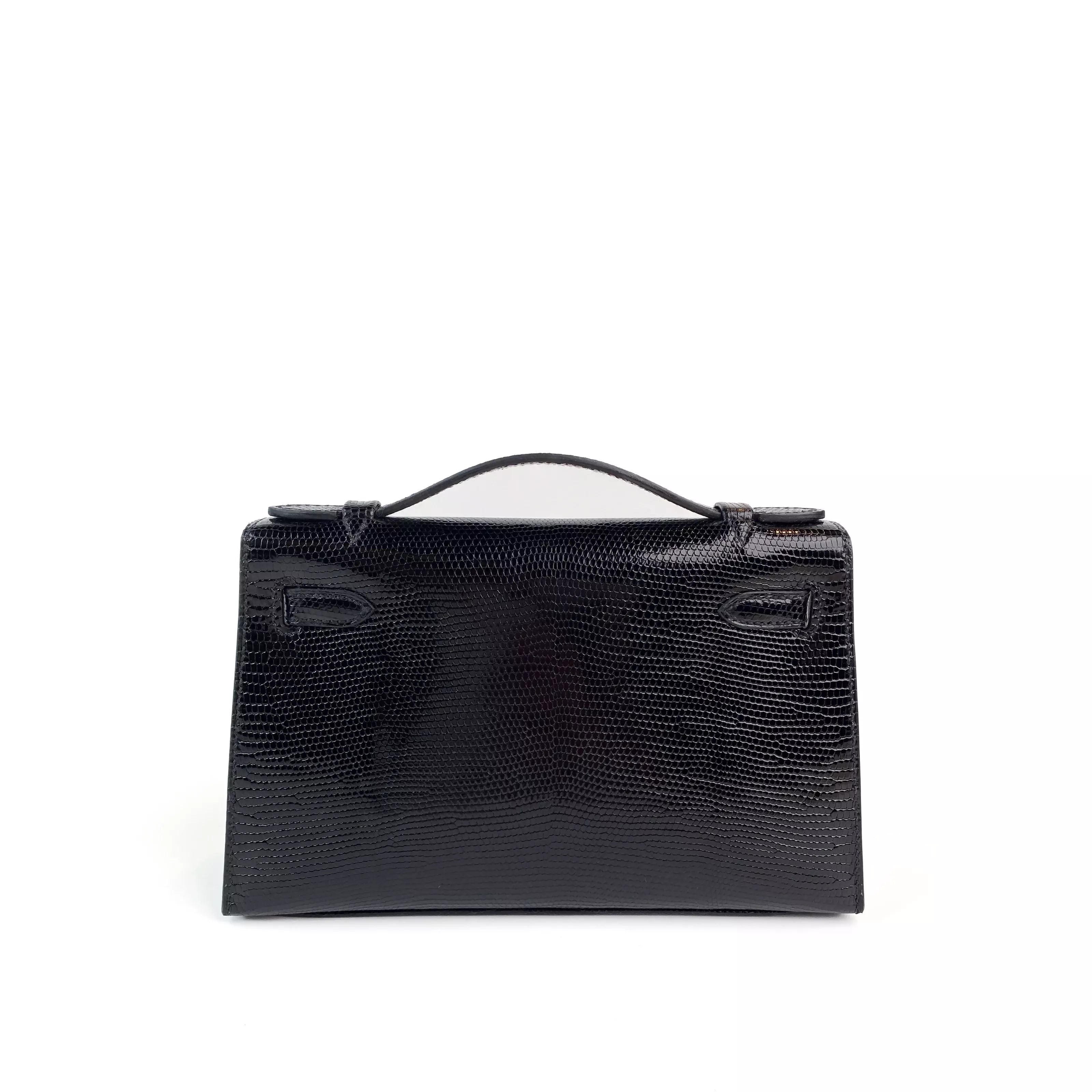 Hermes Mini Kelly Pochette In Black Shiny Lizard Gold Hardware Back