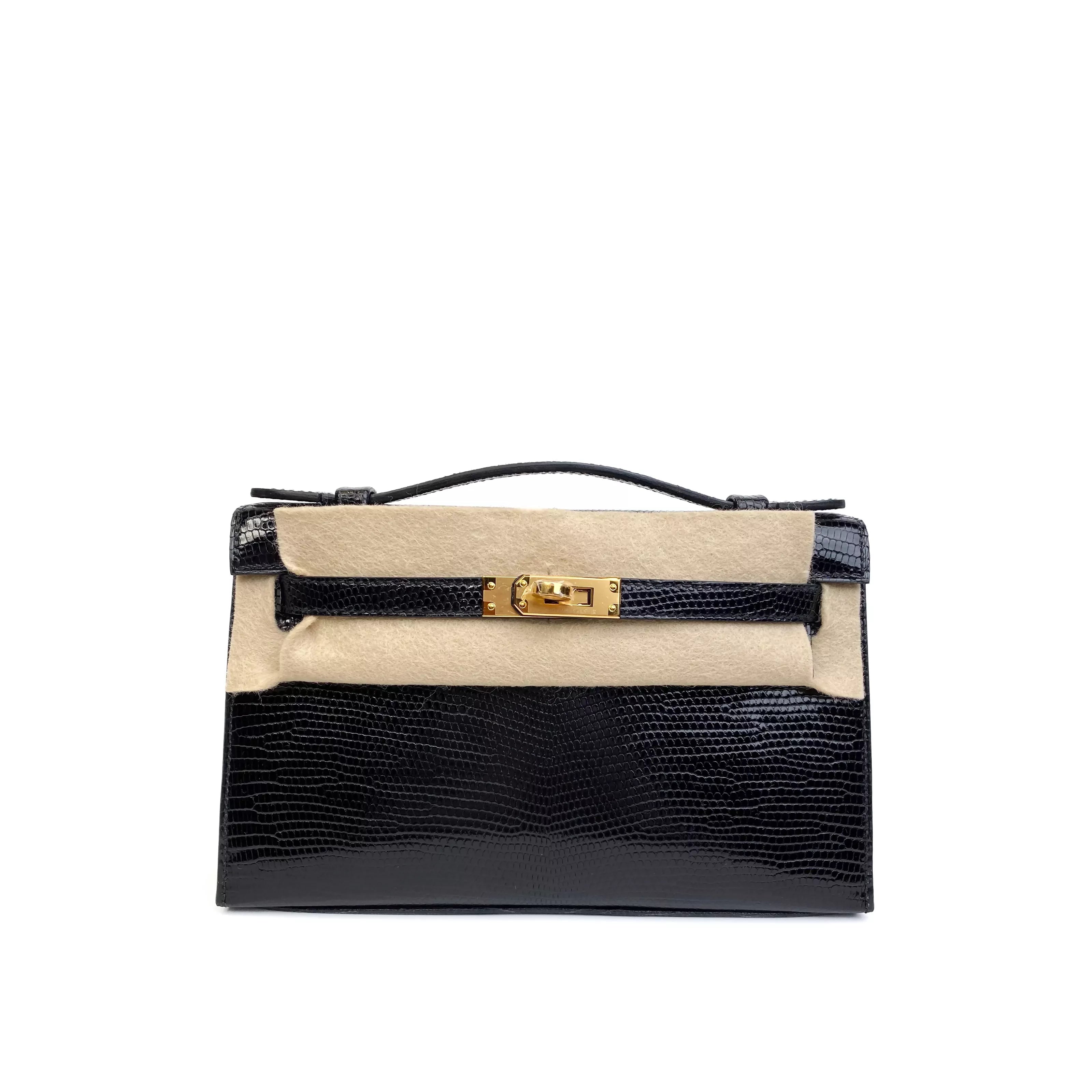 Hermes Mini Kelly Pochette In Black Shiny Lizard Gold Hardware Set
