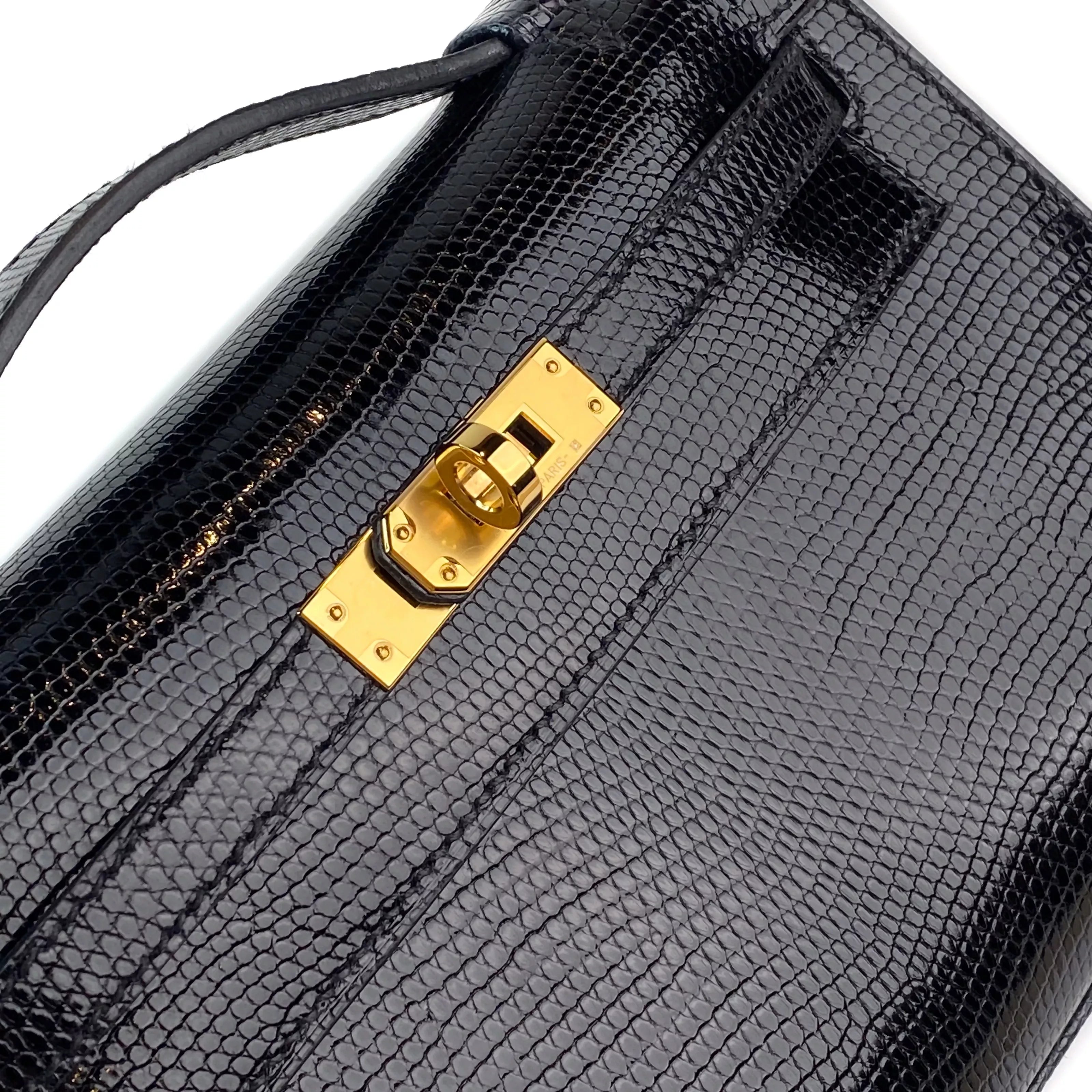 Hermes Mini Kelly Pochette In Black Shiny Lizard Gold Hardware Zoom