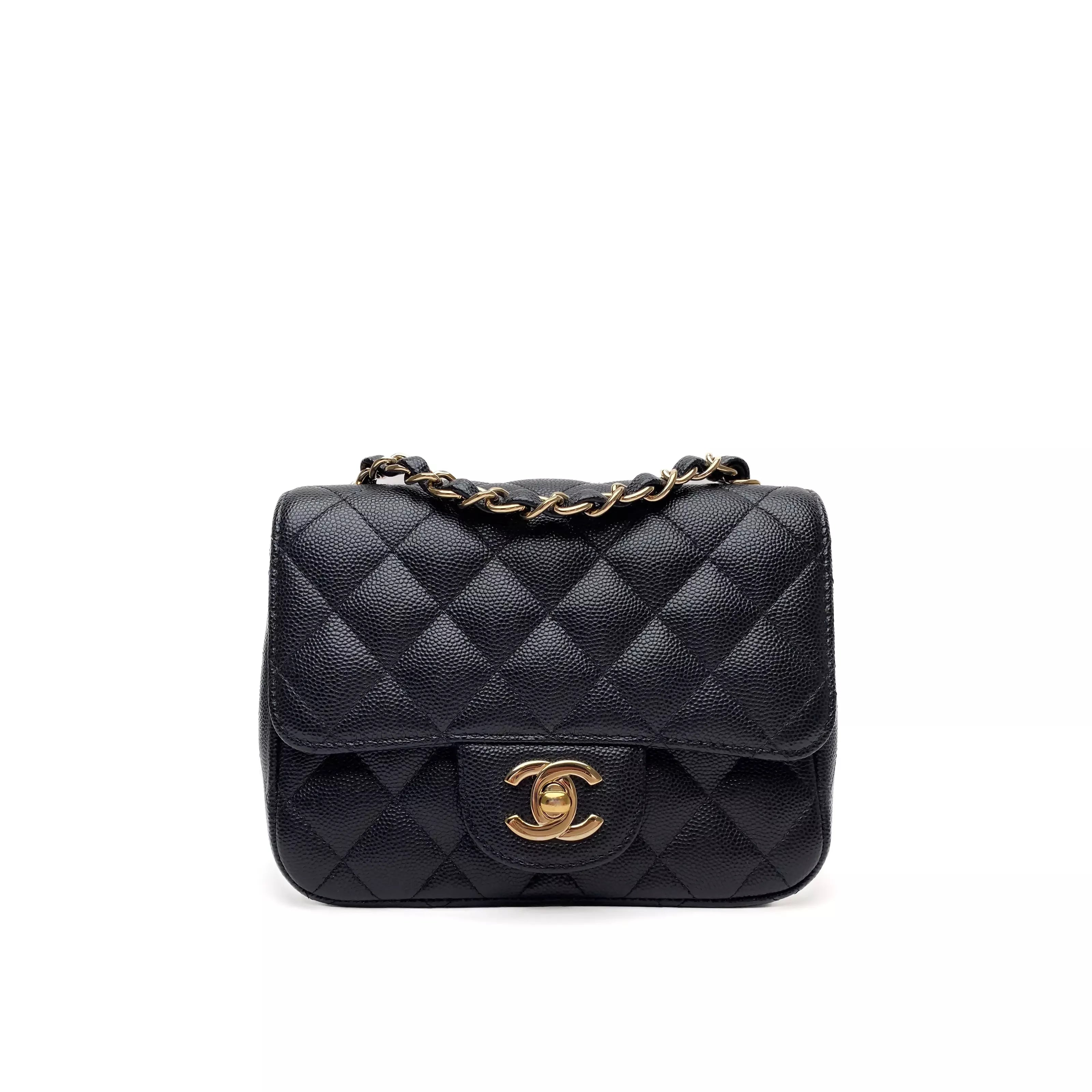 Chanel Quilted BlackCaviar Mini Square Single Flap Champagne Hardware 1